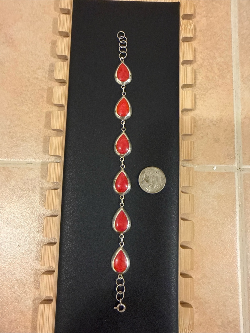 Red Coral Bracelet 925 Sterling Silver  Teardrop Gemstone 7.6g
